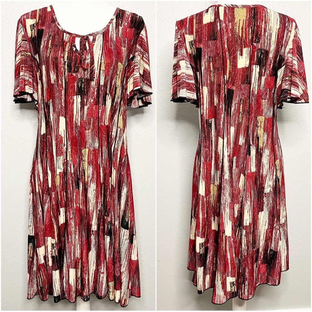 Sami & Jo Red Black & Cream Flowy Distressed Astract Print Dress Size PXL